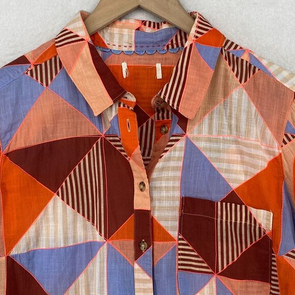 MAEVE ANTHROPOLOGIE Top L Patchwork Shirt Button Front Roll Tab Sleeve Pink Blue - Picture 5 of 16